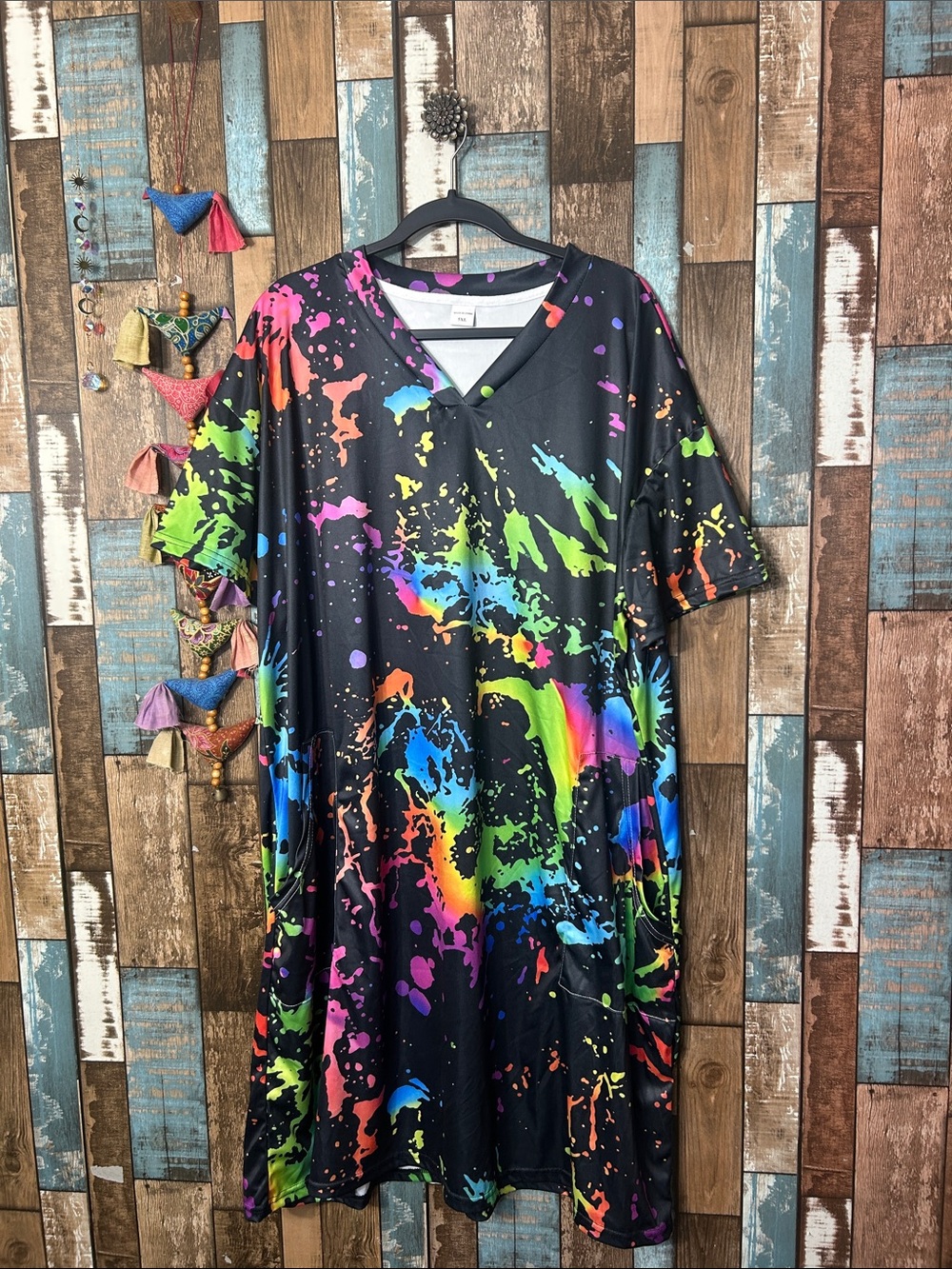 Black Rainbow Splatter Casual Dress with pockets